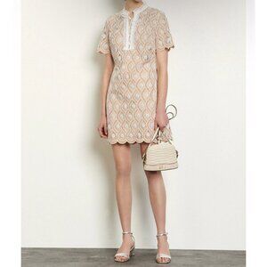 Sandro short broderie anglaise dress, Tan/ white, Size 36